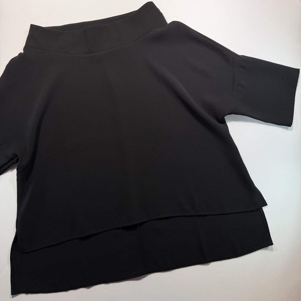 Women's Black Wide Mock Neck Elbow Sleeves Boxy Fit Sm-Med Hi Low Hem By Suzy D